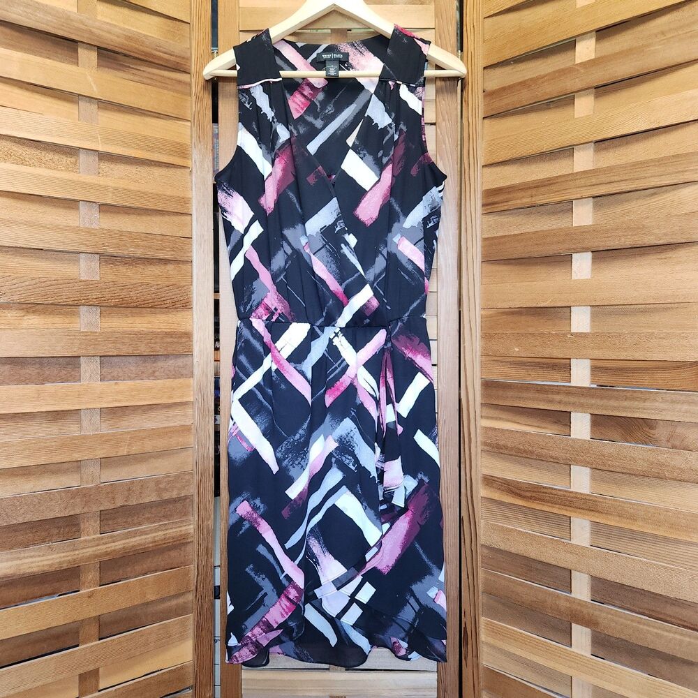 White House Black Market Sleeveless V-Neck Black Red Dress Women 6 Polyester